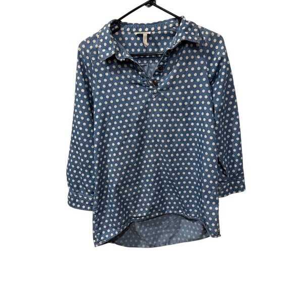 Blue Polka Dot Girls Button-Up Collared Shirt tunic With 3/4 Sleeves Size 14 - Picture 1 of 4